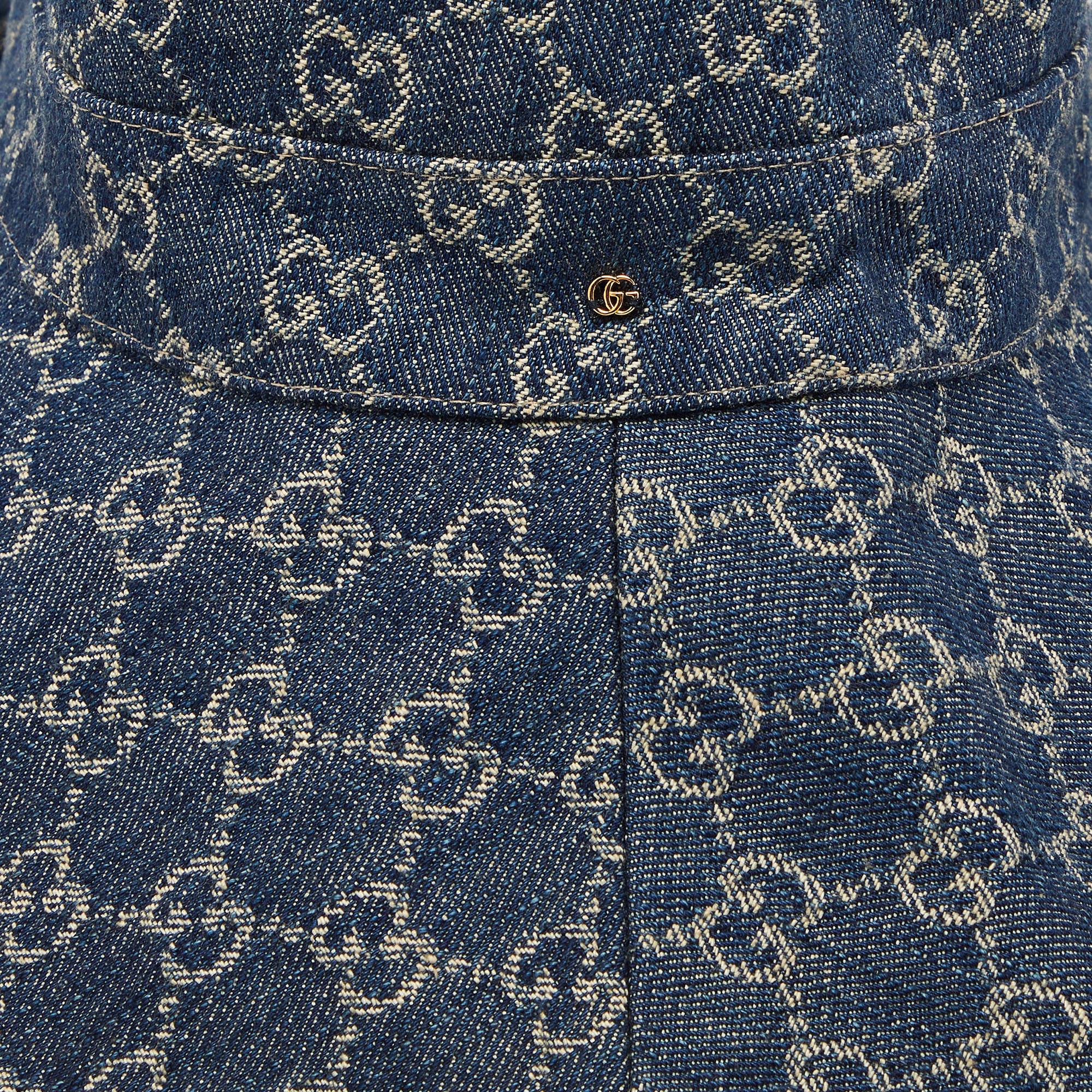 Gucci Navy Blue Monogram Denim Wide Brim Bucket Hat M In Good Condition In Dubai, Al Qouz 2