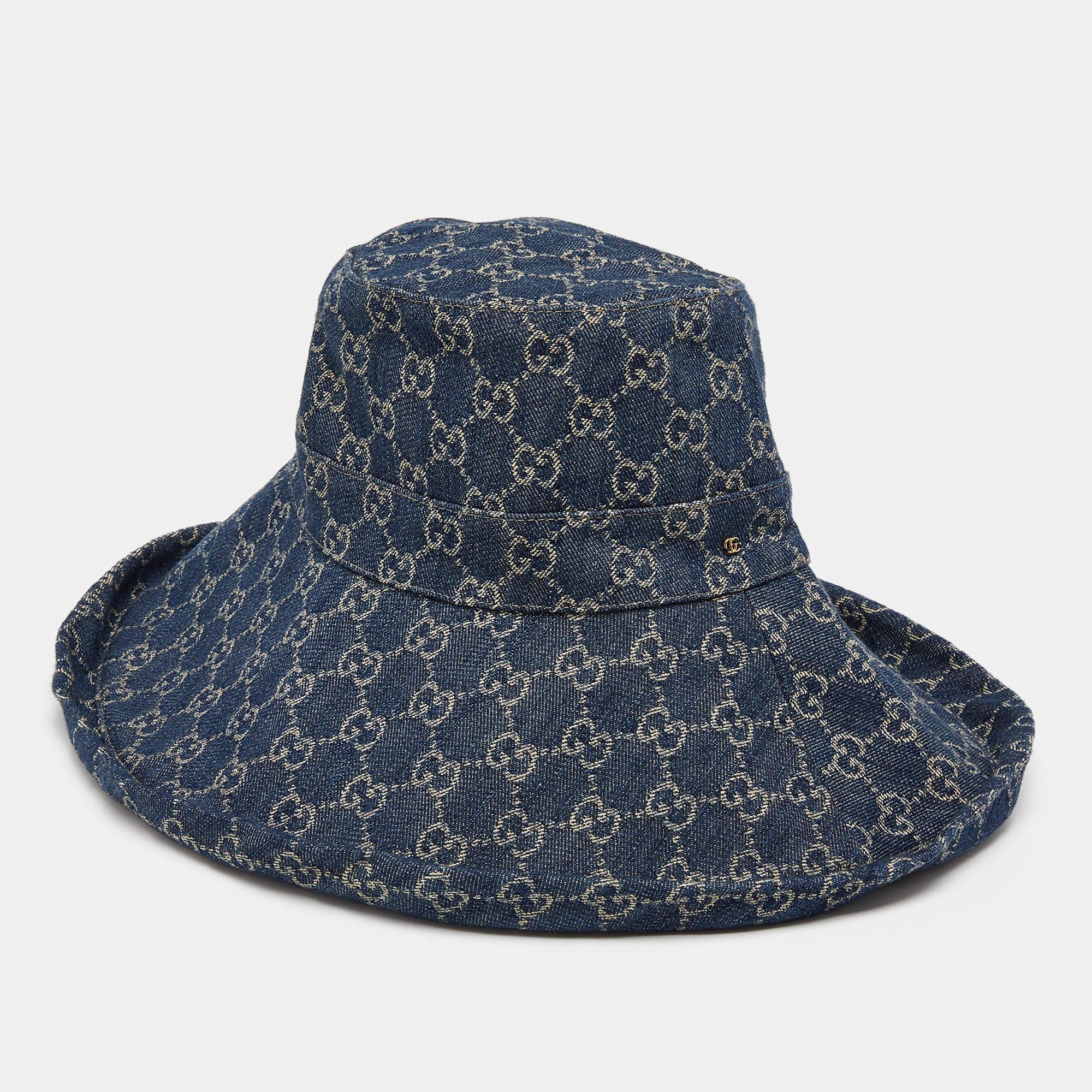 Gucci Navy Blue Monogram Denim Wide Brim Bucket Hat M 2