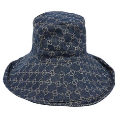 Used Gucci Navy Blue Monogram Denim Wide Brim Bucket Hat M