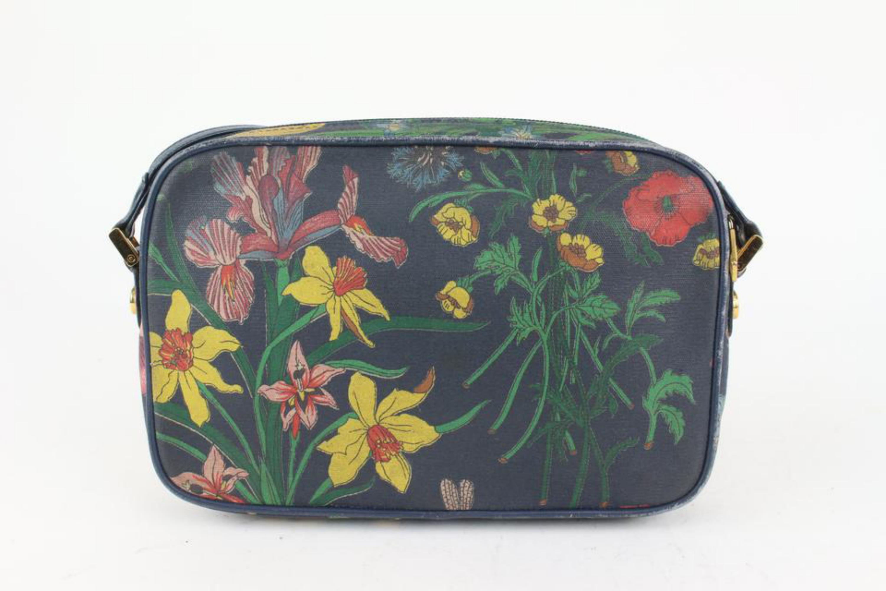 Gucci Navy Blue Monogram Floral Disco Crossbody Camera bag 1012g47 In Fair Condition In Dix hills, NY