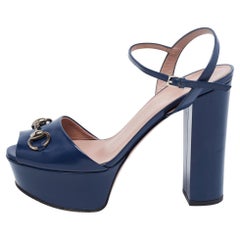 Gucci Navy Blue Patent Leather Claudie Sandals Size 38