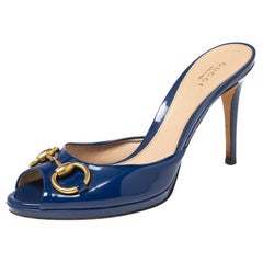 Gucci Navy Blue Patent Leather Horsebit Peep-Toe Slide Sandals Size 37.5