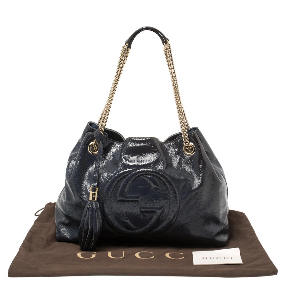 Gucci Navy Blue Patent Leather Medium Soho Chain Tote 7