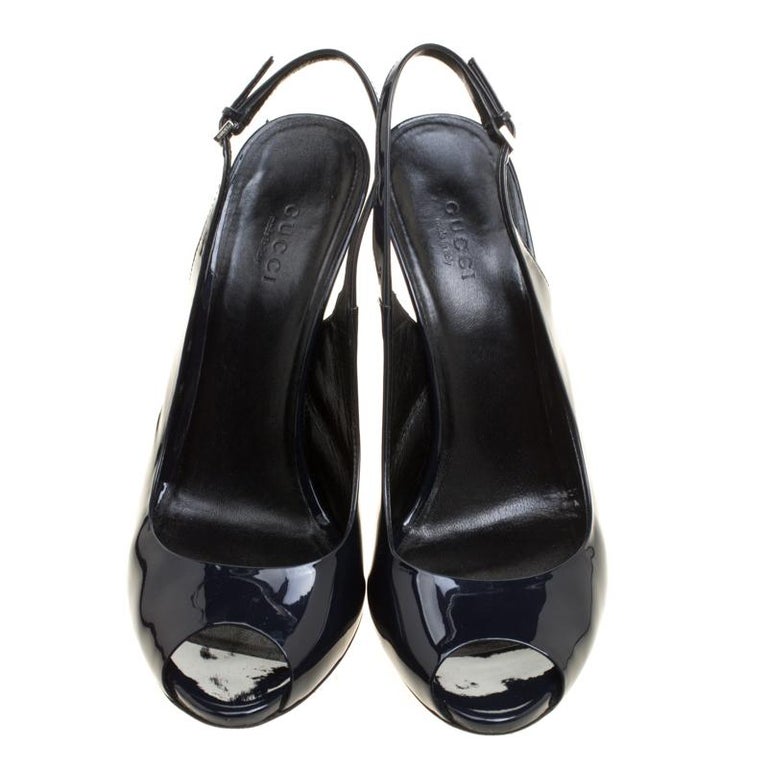 Gucci Navy Blue Patent Leather Peep Toe Slingback Sandals Size 38 For ...
