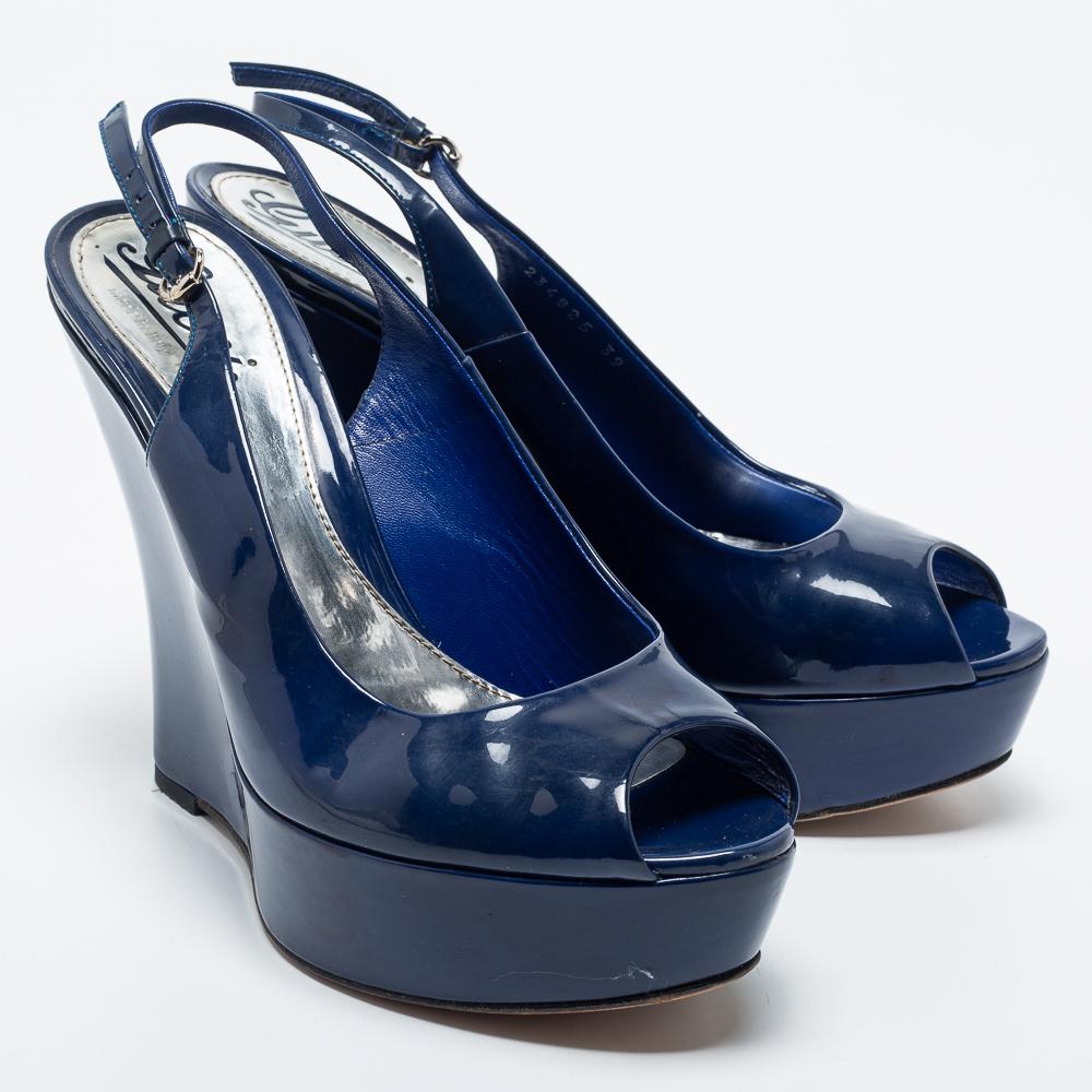 Gucci Navy Blue Patent Leather Peep-Toe Slingback Wedge Sandals Size 39 1
