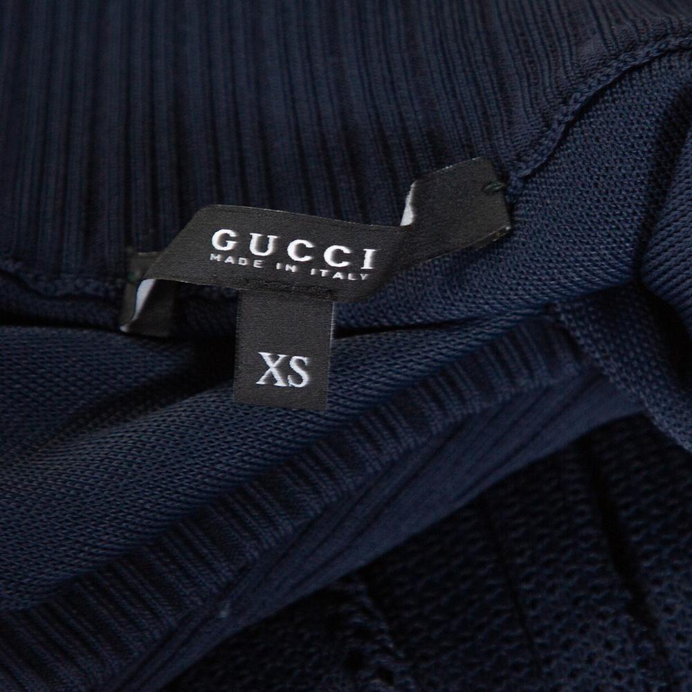 Black Gucci Navy Blue Perforated Knit Pleated Midi Dress XS