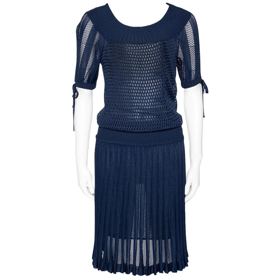 Gucci Navy Blue Perforated Knit Pleated Midi Dress XS