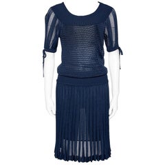 Gucci Navy Blue Perforated Knit Pleated Midi Dress XS