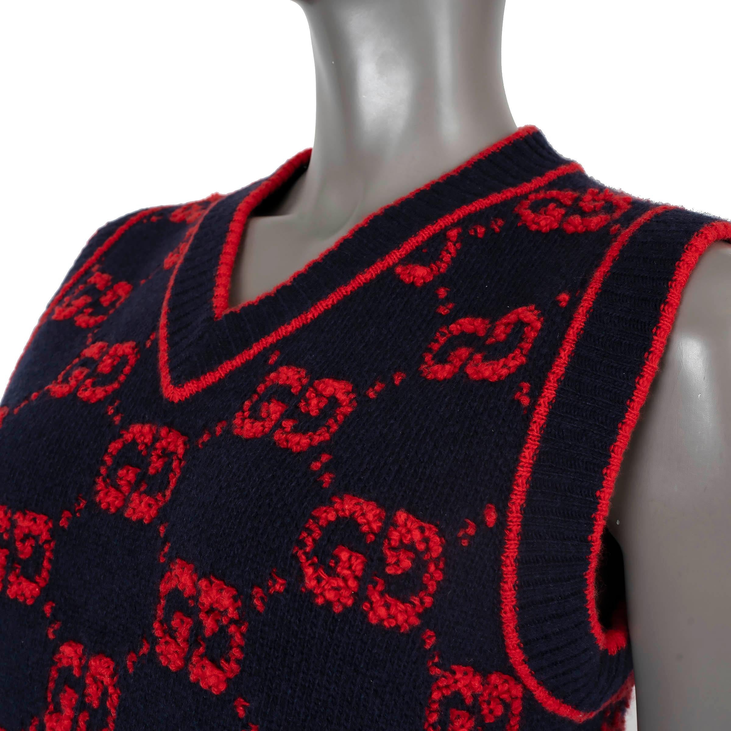 Women's GUCCI navy blue & red 2022 GG BOUCLE JACQUARD Sweater Vest S