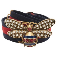 Gucci - Ceinture Queen Margaret à bande élastique bleu marine/rouge, 75 cm