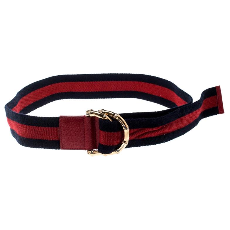 Gucci Navy Blue/Red Fabric Bamboo Web Belt 90 CM