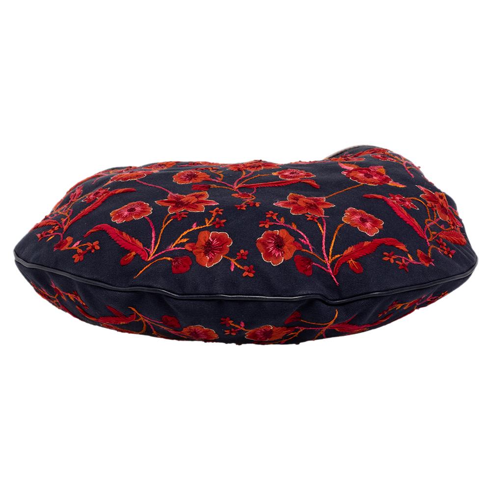 Black Gucci Navy Blue/Red Floral Embroidered Canvas And Leather Wave Hobo