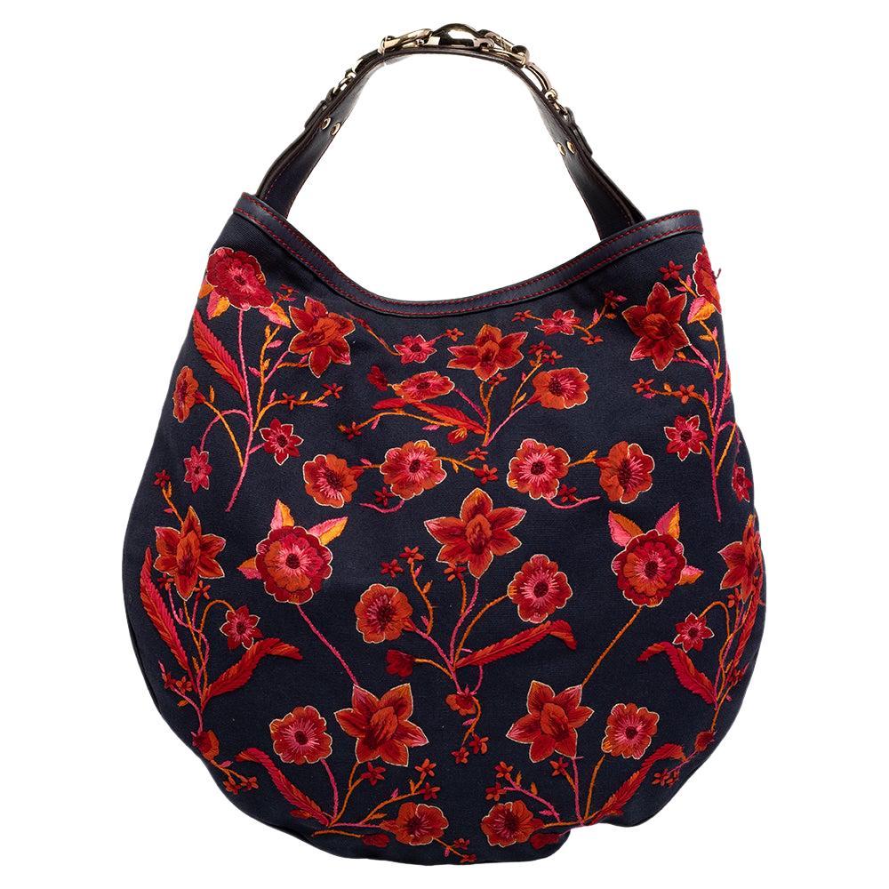 Gucci Navy Blue/Red Floral Embroidered Canvas And Leather Wave Hobo