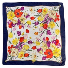 Gucci Navy Blue Red Floral Silk Scarf