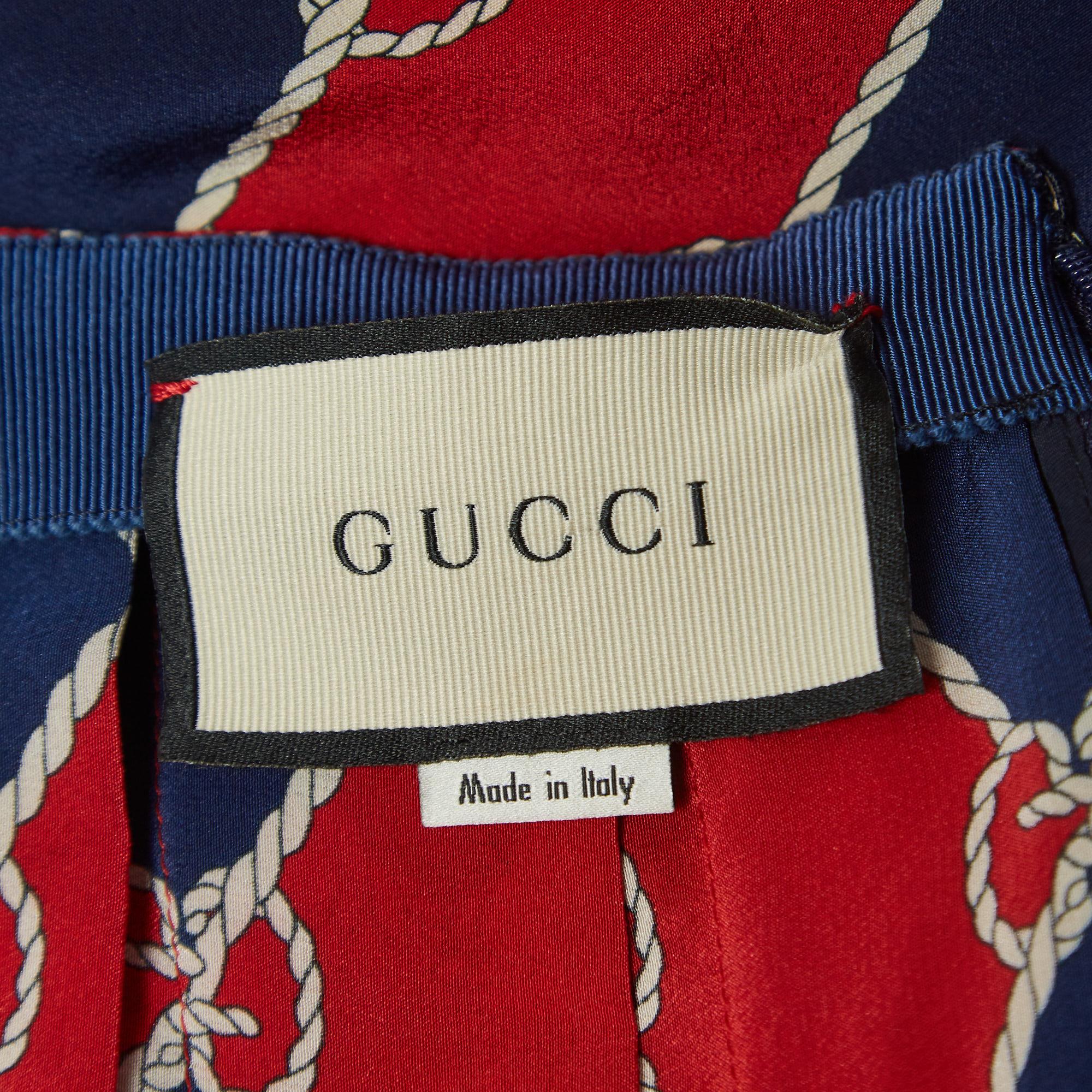 Gucci Navy Blue/Red GG Print Silk Paneled Midi Skirt S In Good Condition In Dubai, Al Qouz 2