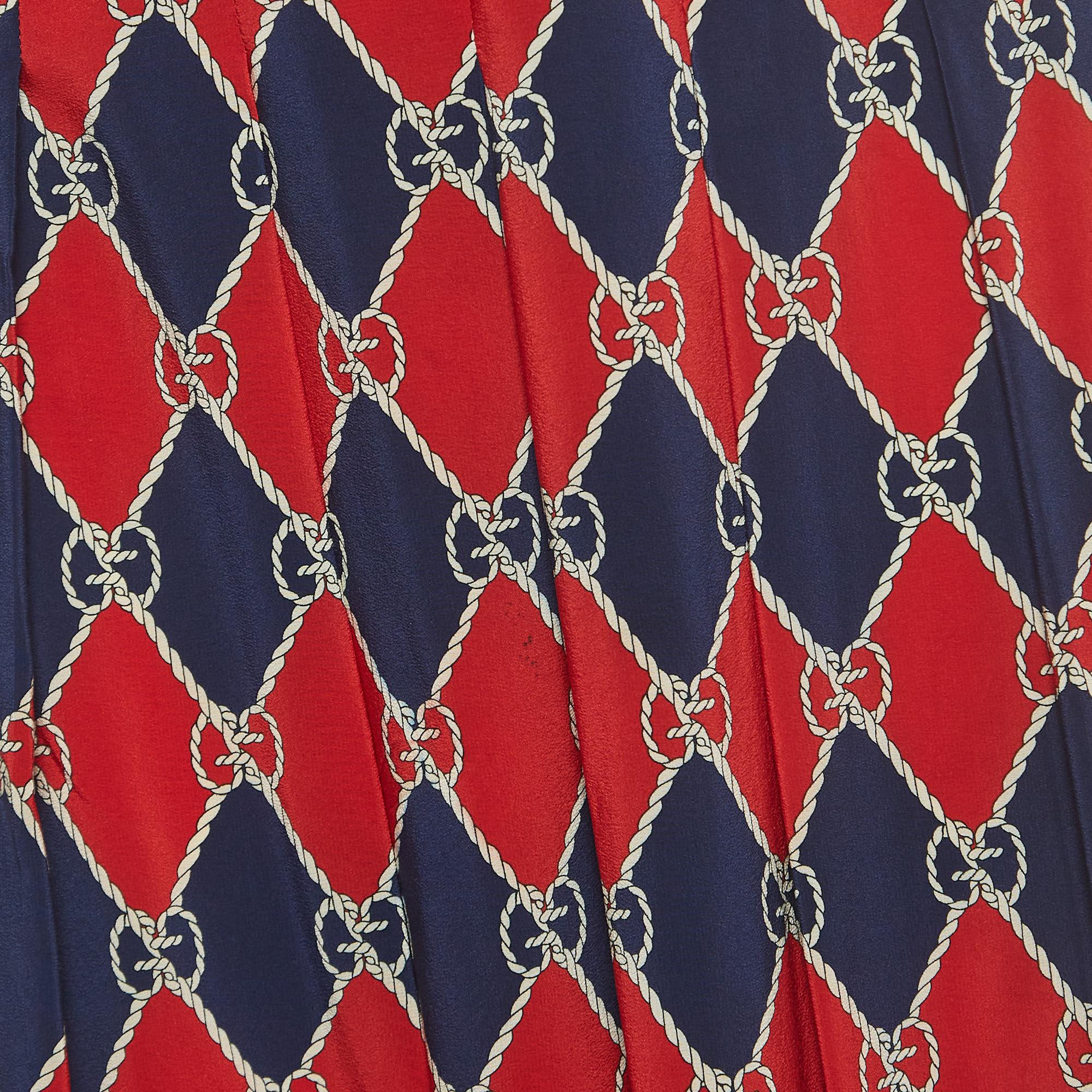 Women's Gucci Navy Blue/Red GG Print Silk Paneled Midi Skirt S