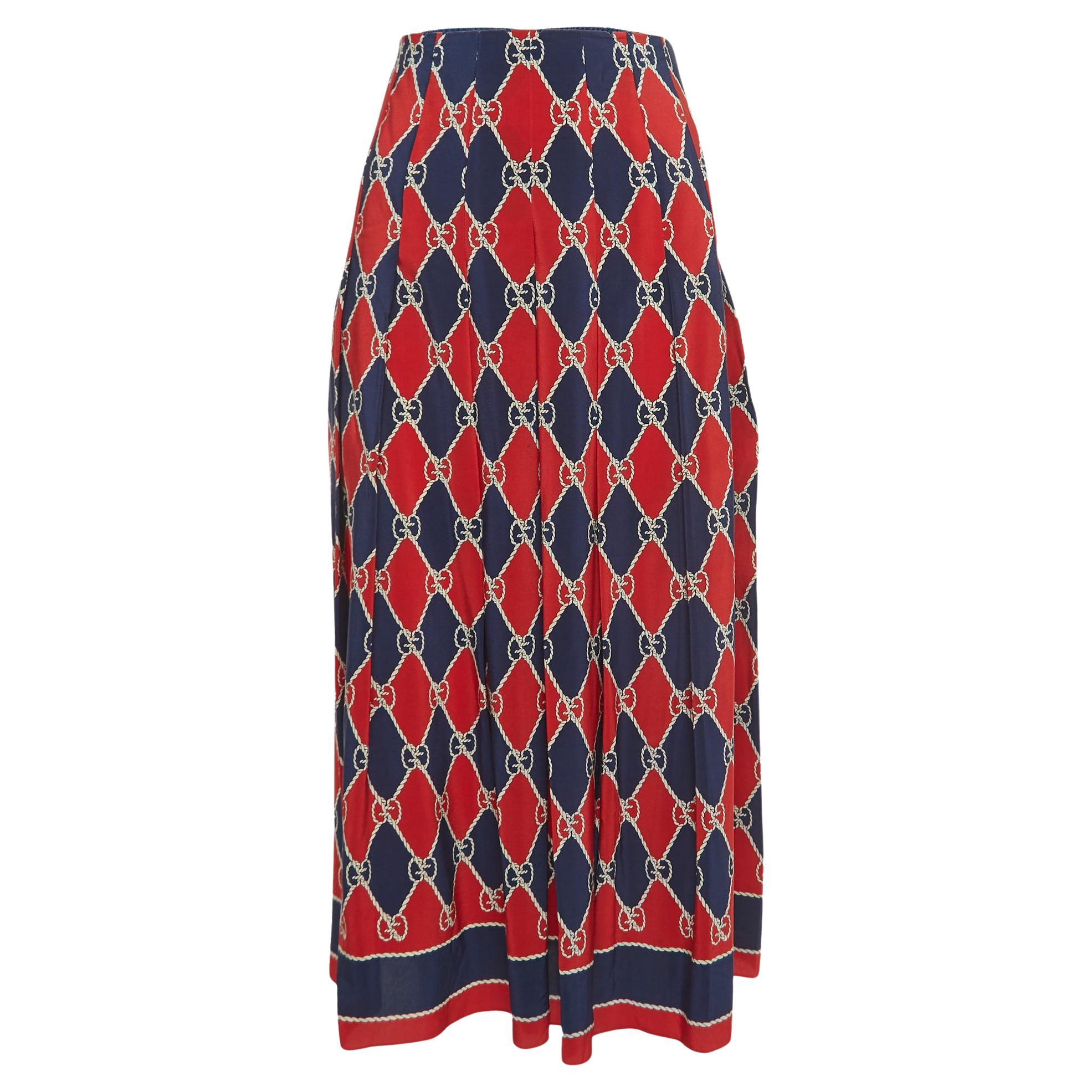 Gucci Navy Blue/Red GG Print Silk Paneled Midi Skirt S