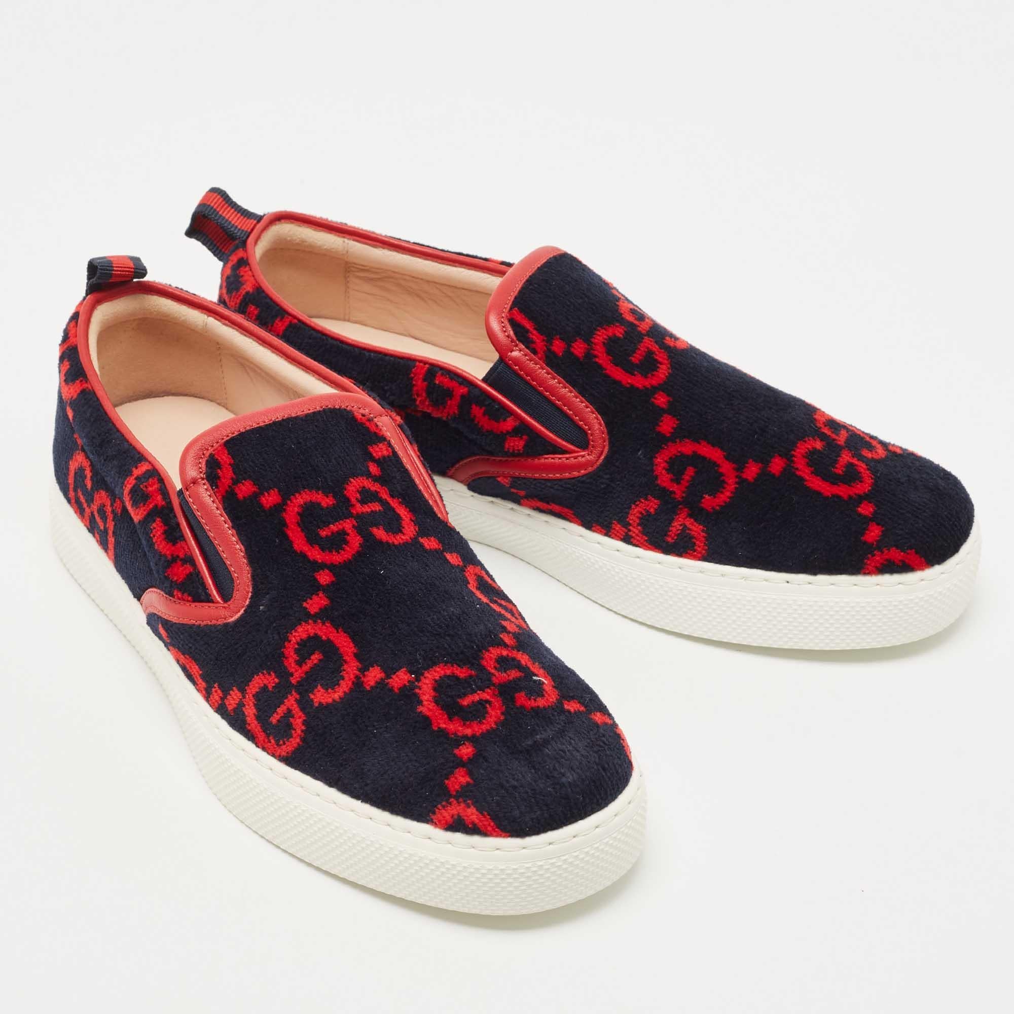 Beige Gucci Navy Blue/Red GG Terry Fabric Slip On Sneakers Size 39.5