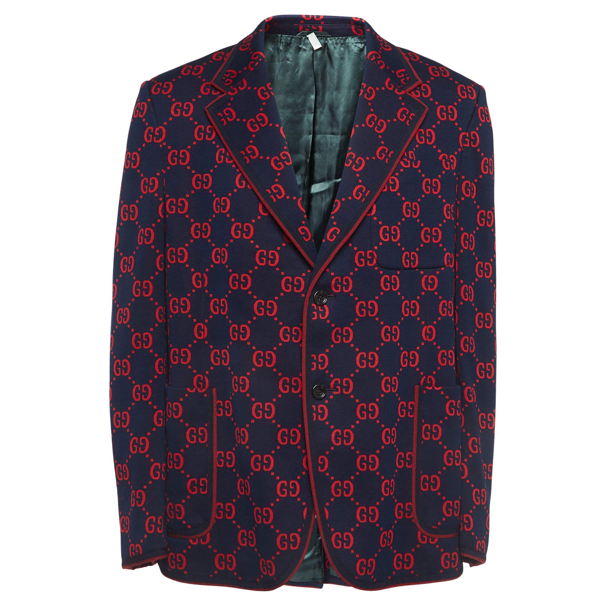 Gucci Navy Blue/Red Jacquard Knit Blazer 3XL