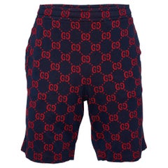 Gucci - Short en maille jacquard bleu marine et rouge avec logo XL