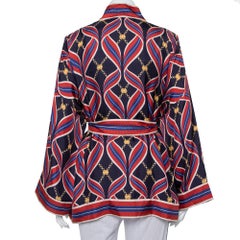 Gucci Navy Blue & Red Ribbon Printed Silk Open Fronted Belted Kimono Top M