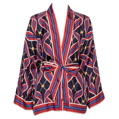 Gucci Navy Blue & Red Ribbon Printed Silk Open Fronted Belted Kimono Top M