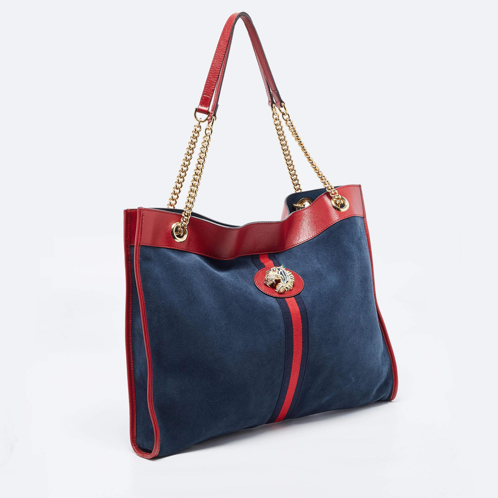 Gucci Navy Blue/Red Suede And Leather Large Rajah Tote In Good Condition In Dubai, Al Qouz 2