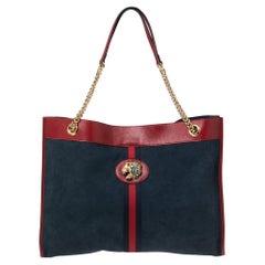 Gucci - Grand sac cabas Rajah en daim et cuir bleu marine/rouge