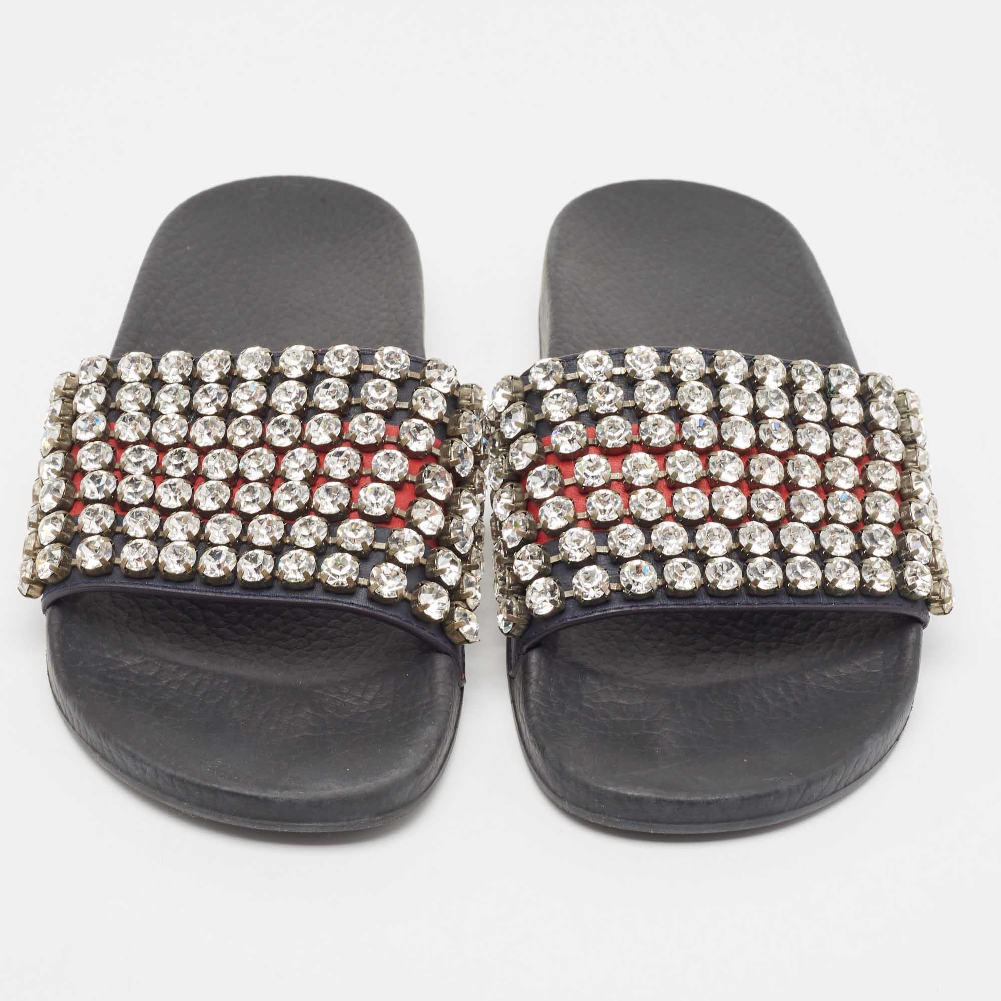 Gucci Azul Marino/Rojo Web Cuero Cristal Embellished Slides Talla 35 Gris en venta