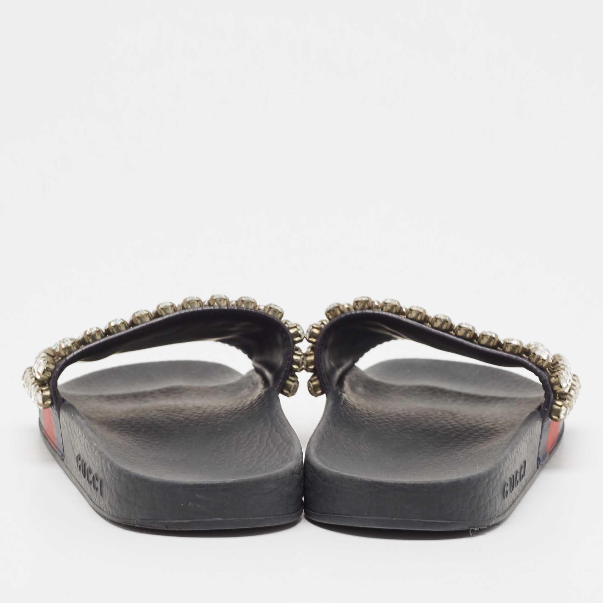 De las mujeres Gucci Azul Marino/Rojo Web Cuero Cristal Embellished Slides Talla 35 en venta