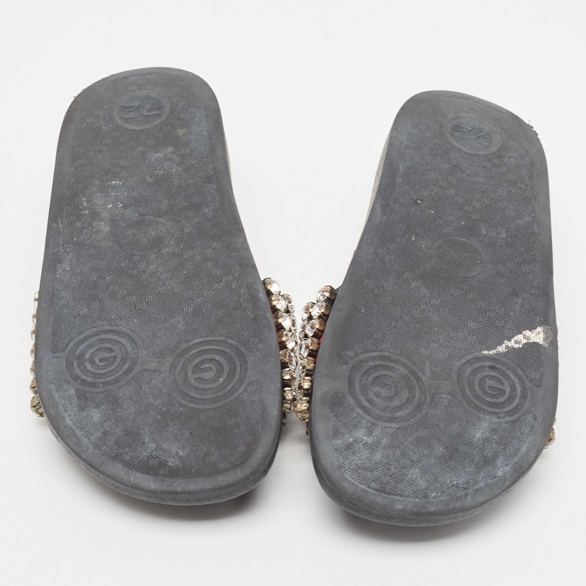 Gucci Azul Marino/Rojo Web Cuero Cristal Embellished Slides Talla 35 en venta 1