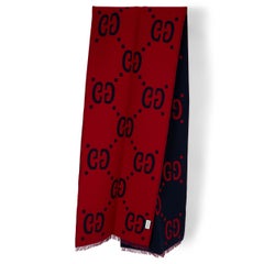 GUCCI navy blue & red wool & silk 2018 JUMBO GG Muffler Scarf