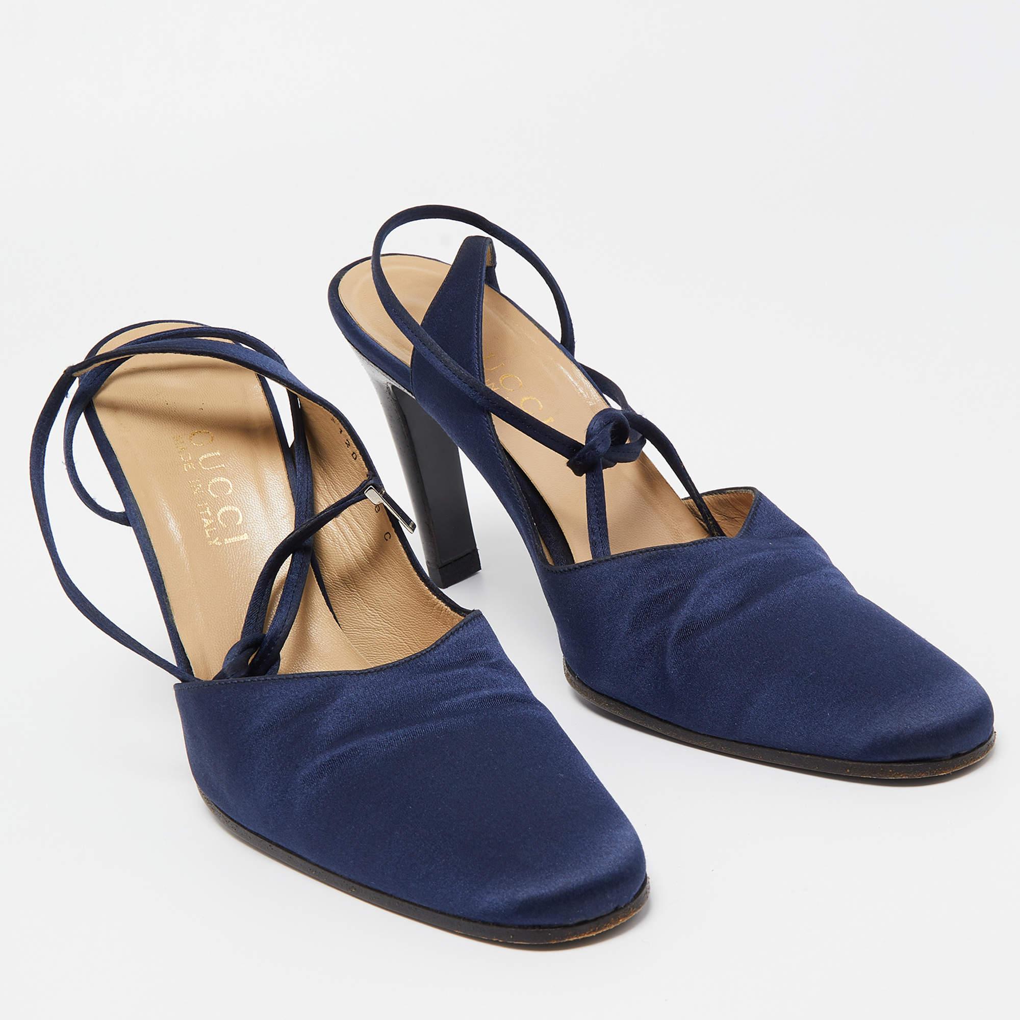 Women's Gucci Navy Blue Satin Ankle Tie Pumps Size 38 For Sale