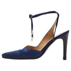 Used Gucci Navy Blue Satin Ankle Tie Pumps Size 38