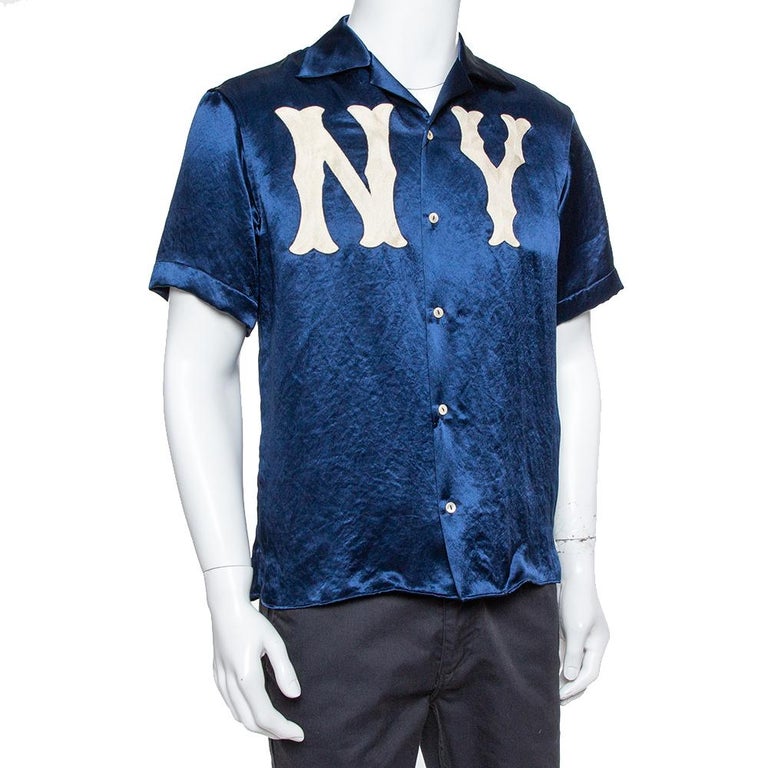 Gucci Navy Blue Satin New York Yankees Patch Bowling Shirt S at