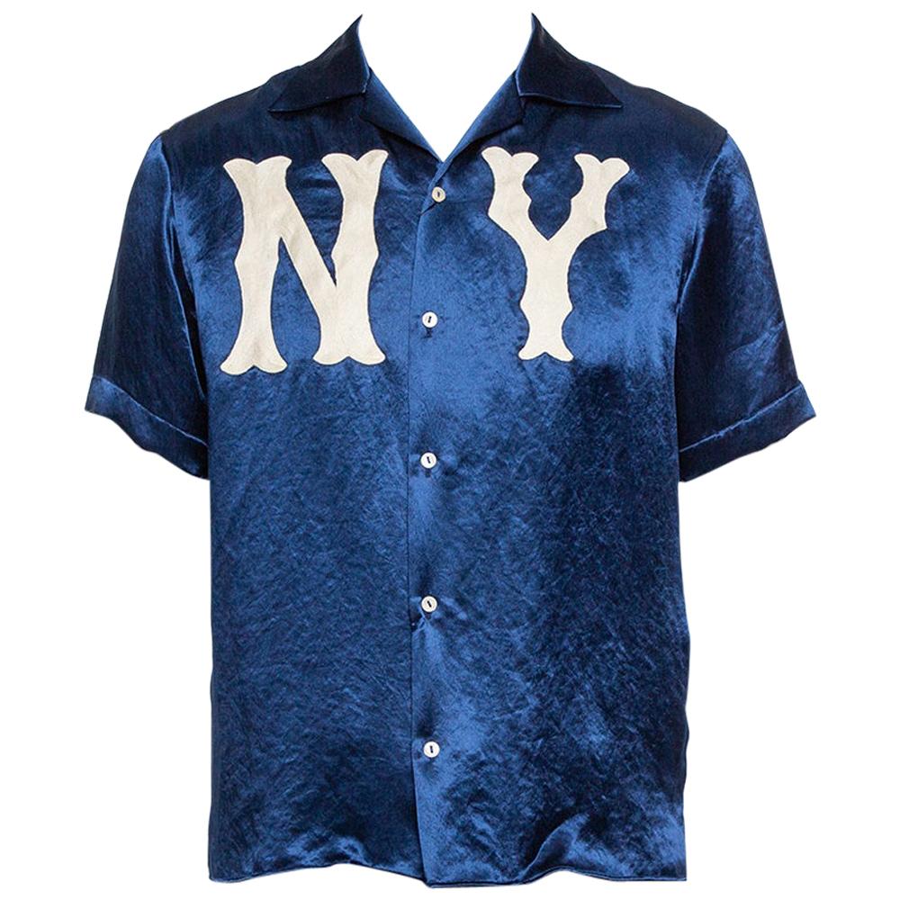 Gucci Navy Blue Satin New York Yankees Patch Bowling Shirt S