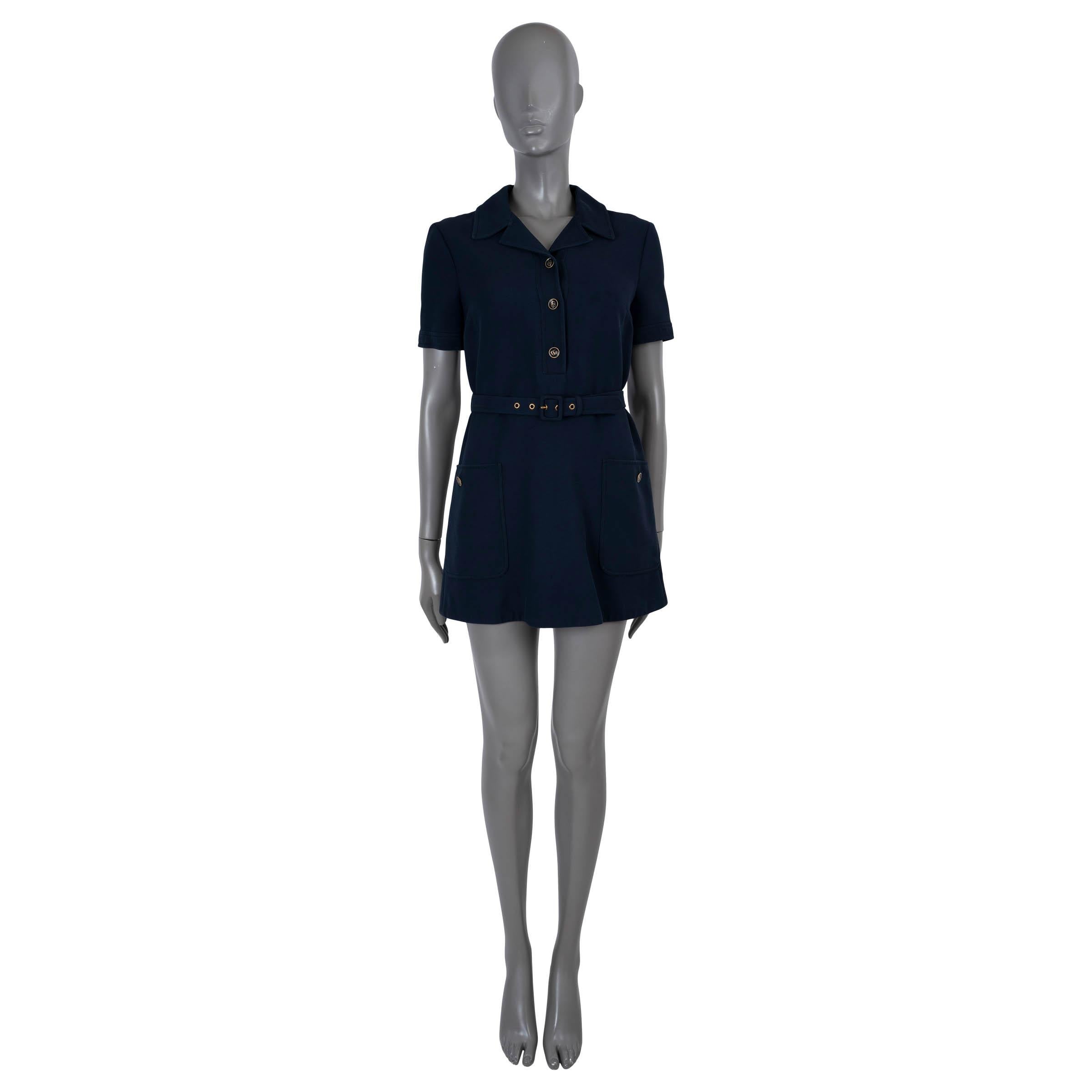 GUCCI navy blue silk & wool 2021 BELTED MINI SHIRT Dress 40 S In Excellent Condition For Sale In Zürich, CH