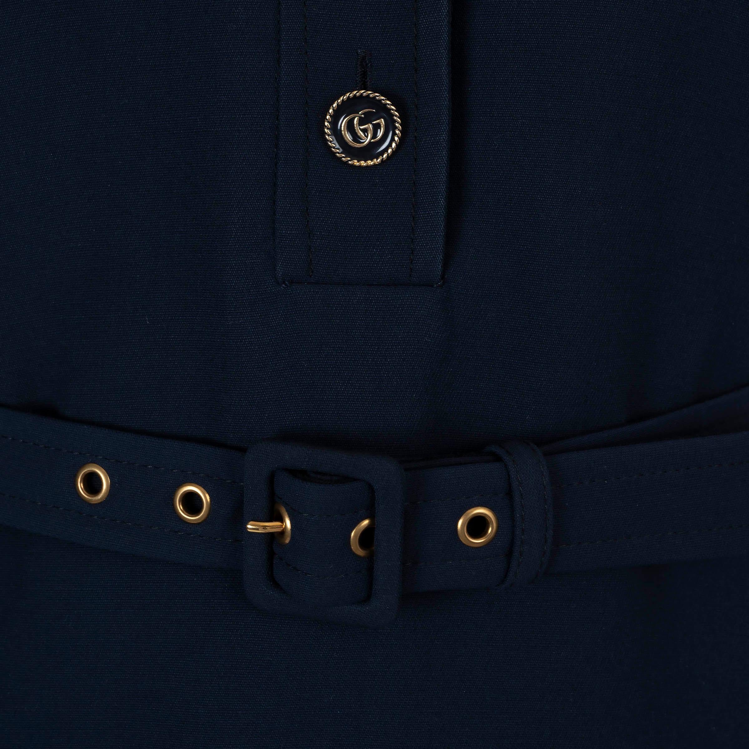 Women's GUCCI navy blue silk & wool 2021 BELTED MINI SHIRT Dress 40 S For Sale