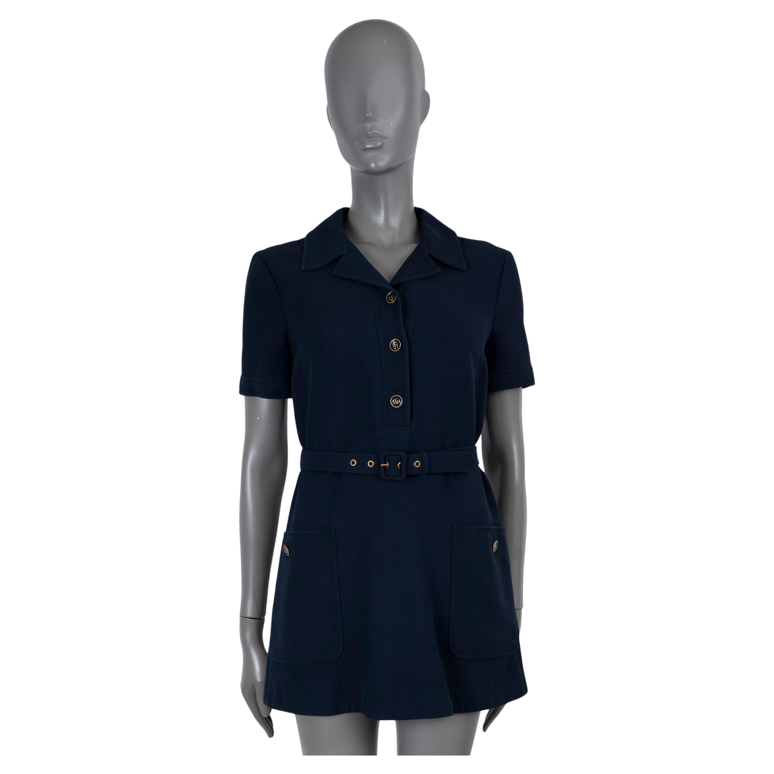GUCCI navy blue silk & wool 2021 BELTED MINI SHIRT Dress 40 S For Sale