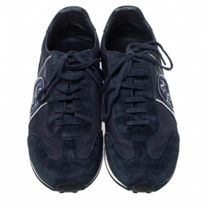 Gucci Navy Blue Suede and Fabric Interlocking G Lace Up Sneakers Size 42 In Good Condition For Sale In Dubai, Al Qouz 2