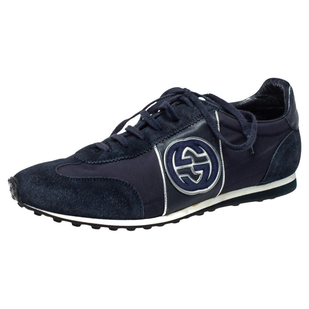 Gucci Navy Blue Suede and Fabric Interlocking G Lace Up Sneakers Size 42 For Sale