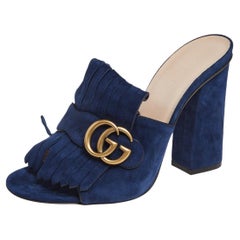 Gucci Navy Blue Suede GG Marmont Fringe Mules Size 38