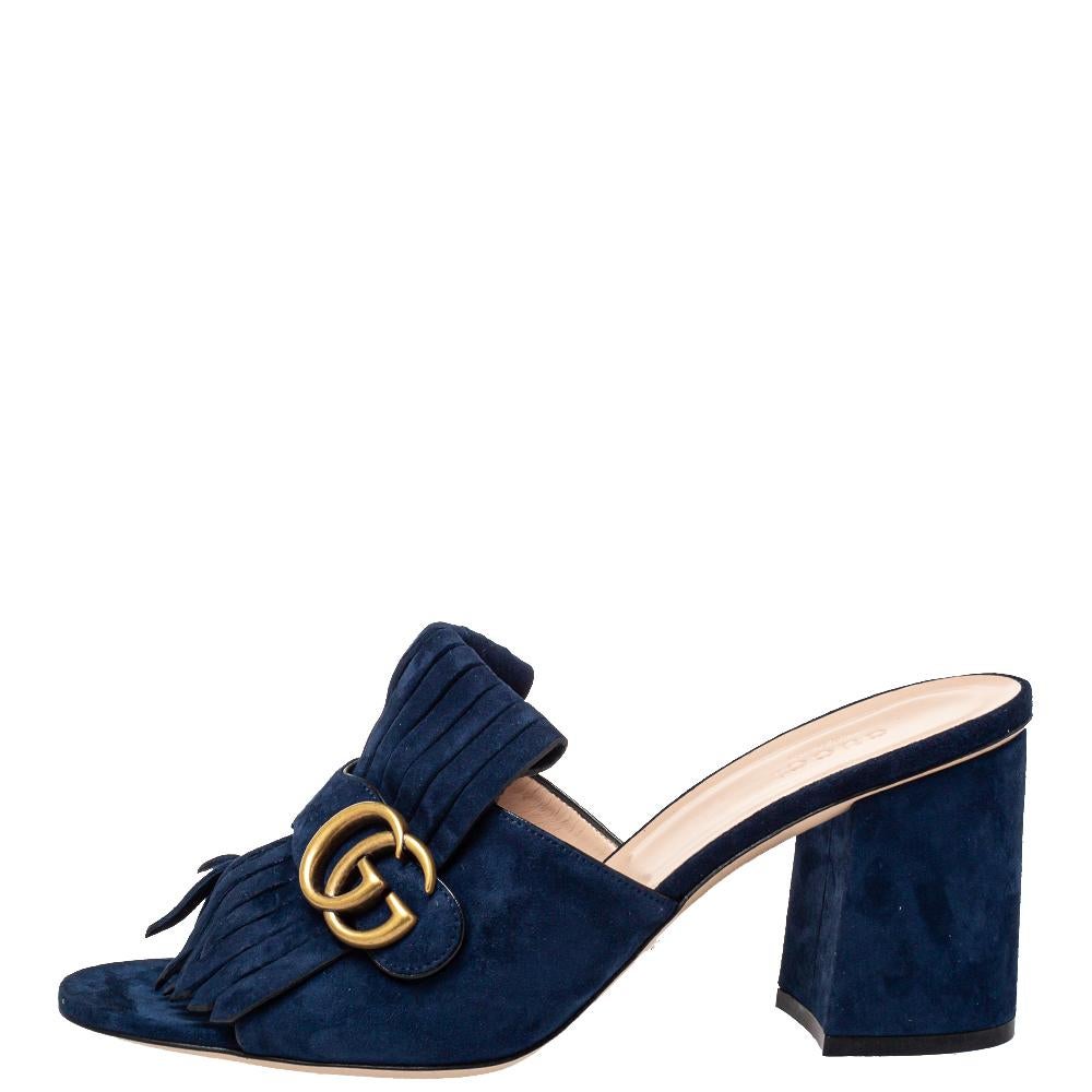 Gucci Navy Blue Suede GG Marmont Fringe Slide Sandals Size 40.5 In Excellent Condition In Dubai, Al Qouz 2
