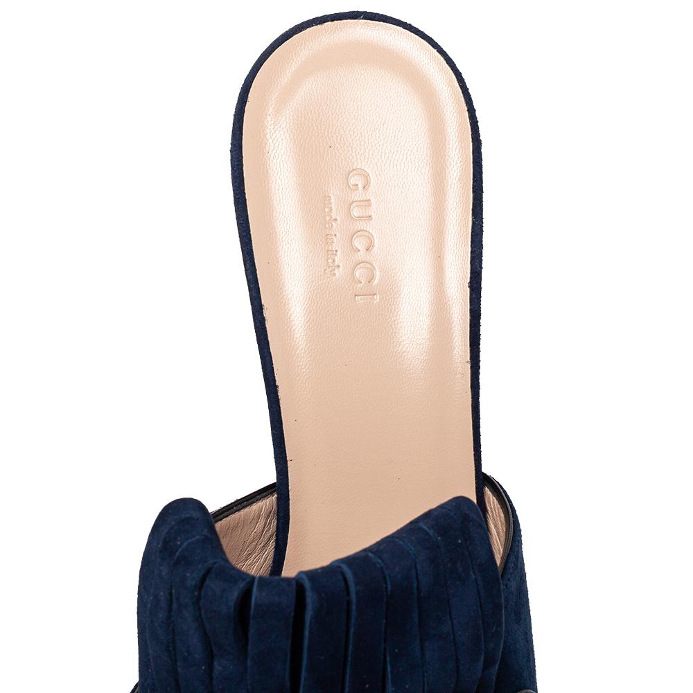 Women's Gucci Navy Blue Suede GG Marmont Fringe Slide Sandals Size 40.5