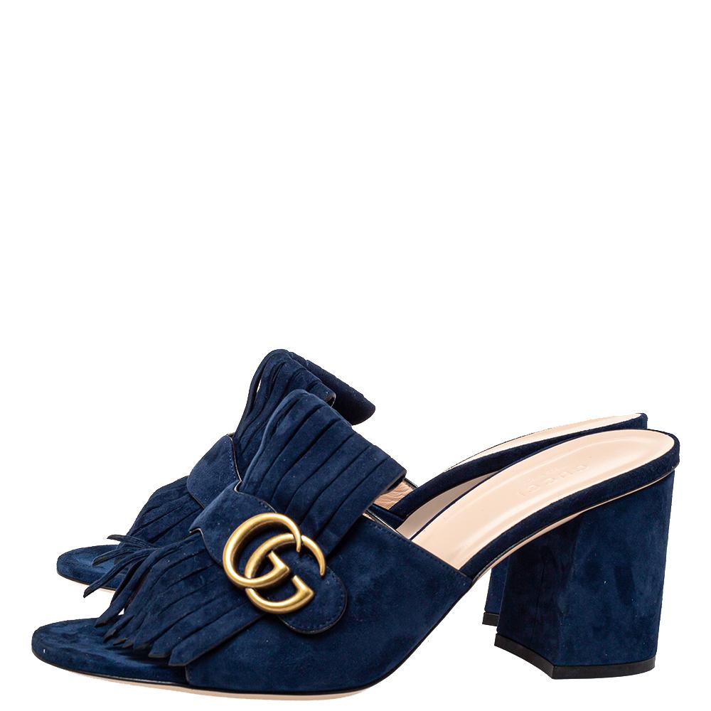Gucci Navy Blue Suede GG Marmont Fringe Slide Sandals Size 40.5 1