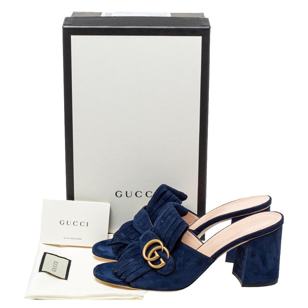 Gucci Navy Blue Suede GG Marmont Fringe Slide Sandals Size 40.5 2