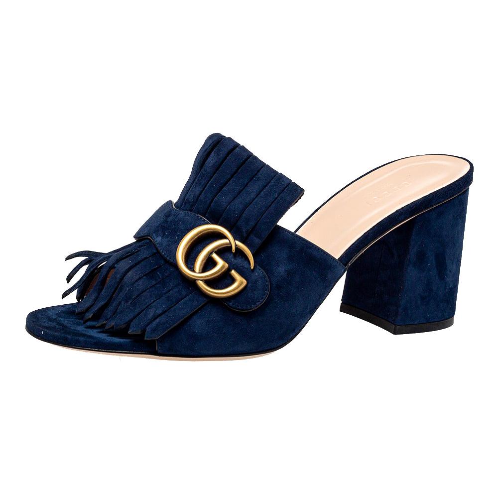 Gucci Navy Blue Suede GG Marmont Fringe Slide Sandals Size 40.5