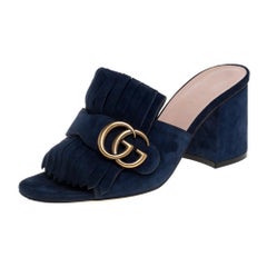 Gucci Navy Blue Suede GG Marmont Fringed Slide Sandals Size 35.5
