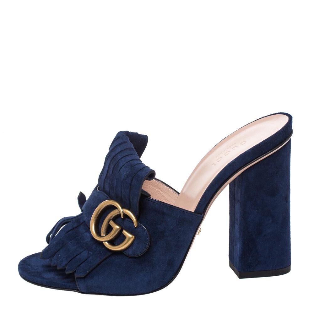 Black Gucci Navy Blue Suede GG Marmont Fringed Slide Sandals Size 38