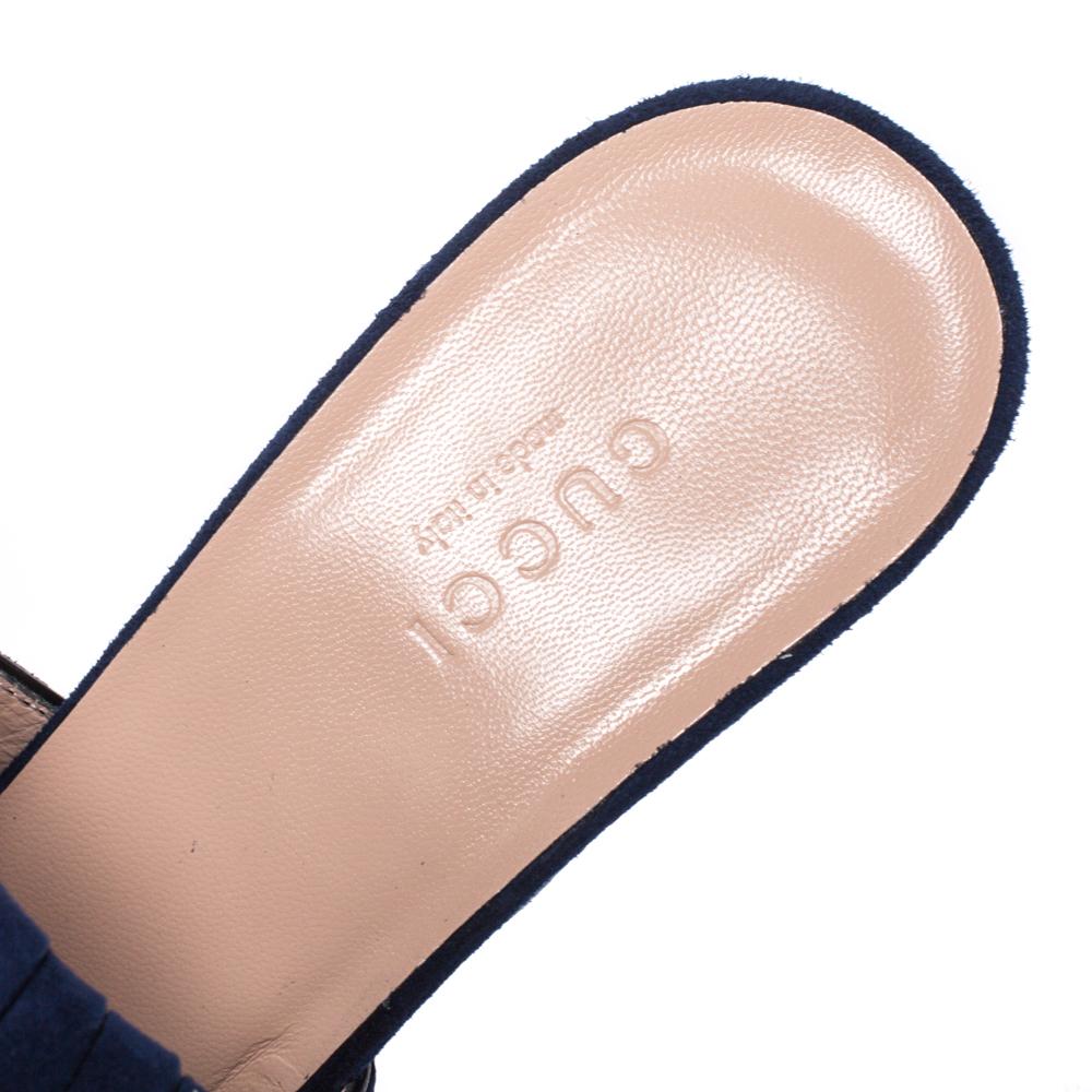 Gucci Navy Blue Suede GG Marmont Fringed Slide Sandals Size 38 In Excellent Condition In Dubai, Al Qouz 2